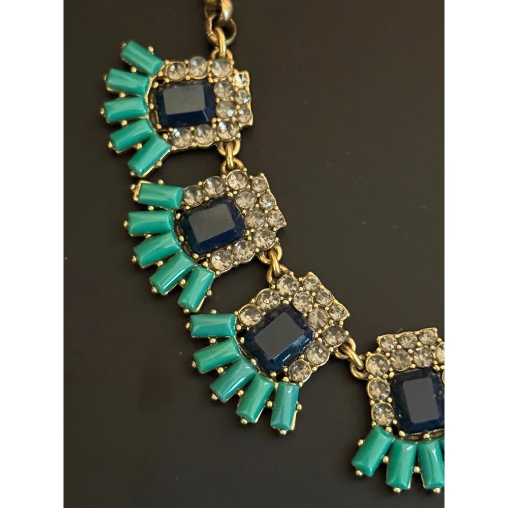 J.Crew Teal Navy Blue Statement Necklace Gold Tone Rhinestone Geometric Bib